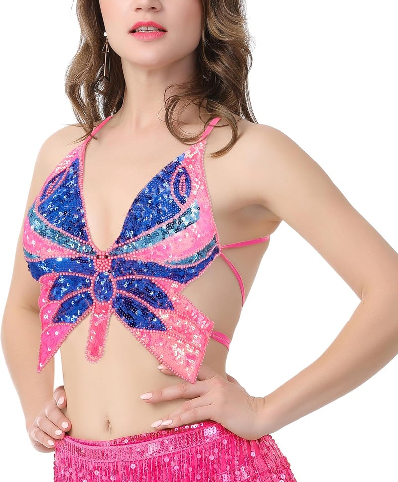 Mocure Womens Glitter Sequin Butterfly Crop Top Low-Cut Tank Top Rave Tube Vest Top for Belly Dance Costume Outfits - Image 3